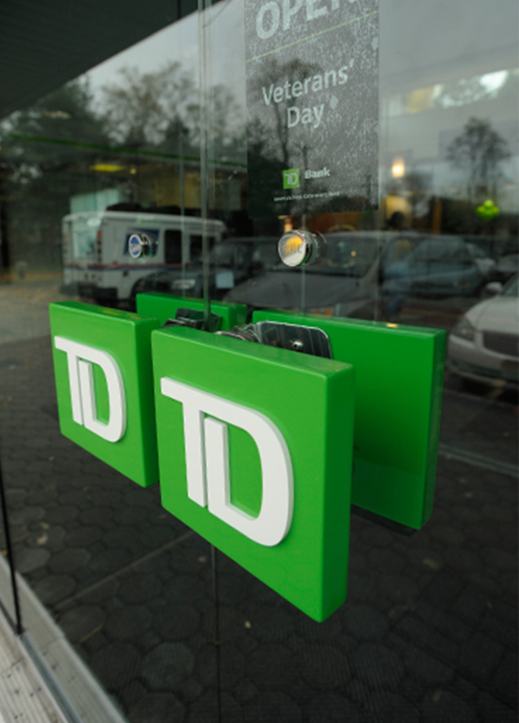 Doors to a TD Bank location with logo
