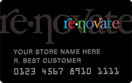 The Renovate credit card with text 'Your Store Name Here', 'R. Best Customer'